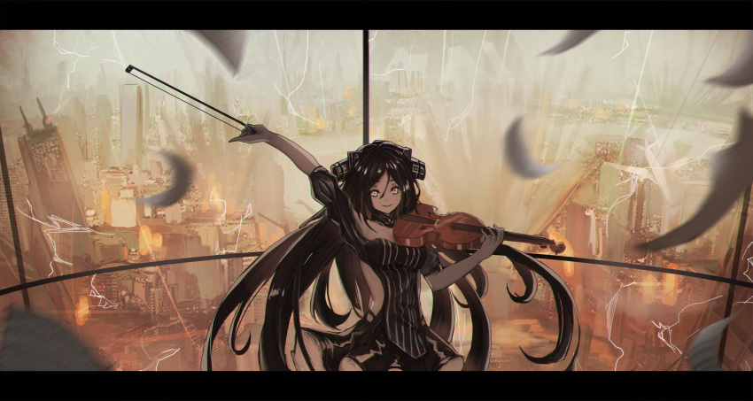 aer7o bangs black_dress black_hair blurry blurry_foreground broken_glass building cityscape closed_mouth collarbone commentary depth_of_field dreamer_(girls_frontline) dress explosion feathers fire floating_hair girls_frontline glass hair_between_eyes hair_ornament headgear highres holding holding_instrument instrument letterboxed long_hair looking_at_viewer music outstretched_arm pinky_out playing_instrument ruins sangvis_ferri shoulder_cutout side_cutout sidelocks smile solo striped striped_dress very_long_hair violin white_feathers wind wind_lift yellow_eyes