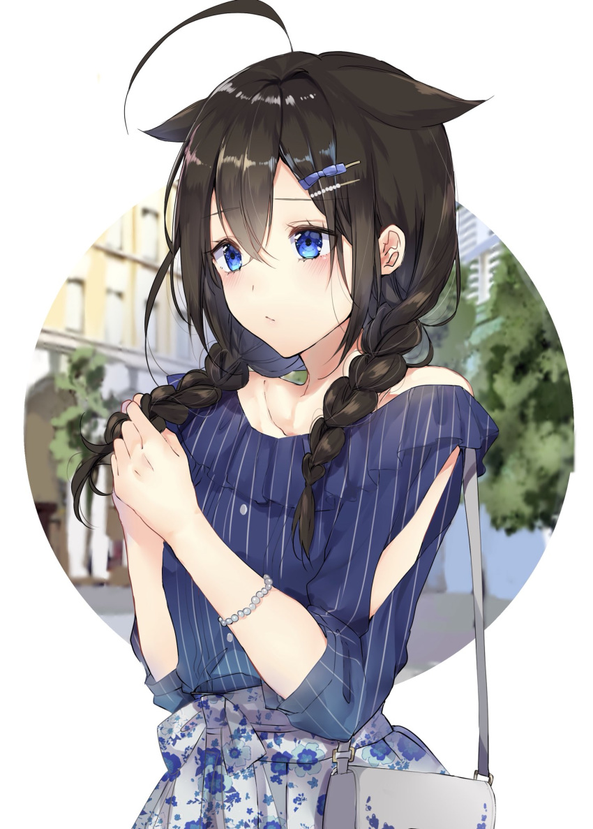 :/ ahoge alternate_costume alternate_hairstyle bag bare_shoulders black_hair blue_eyes blue_ribbon blue_shirt blush bracelet braid braiding_hair building casual closed_mouth collarbone day floral_print hair_flaps hair_ornament hair_over_shoulder hair_ribbon hairclip hairdressing handbag highres jewelry kantai_collection kona_(mmmkona) long_hair off_shoulder outdoors outside_border pearl_bracelet print_skirt remodel_(kantai_collection) ribbon shigure_(kantai_collection) shiny shiny_hair shirt shoulder_bag skirt sleeves_past_elbows solo striped striped_shirt tareme tree twin_braids upper_body vertical-striped_shirt vertical_stripes white_skirt