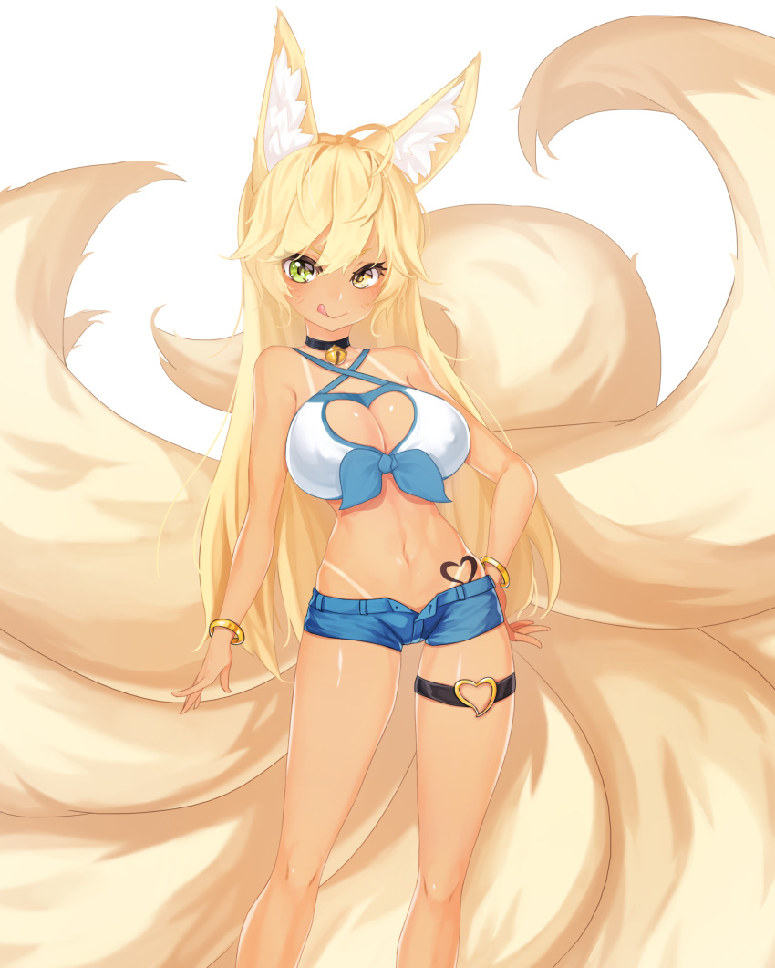:q absurdres ahoge animal_ears bare_shoulders bell bell_choker bikini_tan black_choker blonde_hair bracelet breasts choker cleavage_cutout commission fox_ears fox_tail green_eyes hair_between_eyes hand_on_hip heart_tattoo heterochromia highres jewelry jingle_bell jjickjjicke kyuubi large_breasts long_hair looking_at_viewer micro_shorts multiple_tails navel original shorts simple_background solo stomach tail tan tanline tattoo thigh_strap tongue tongue_out unbuttoned v-shaped_eyebrows very_long_hair whisker_markings white_background yellow_eyes