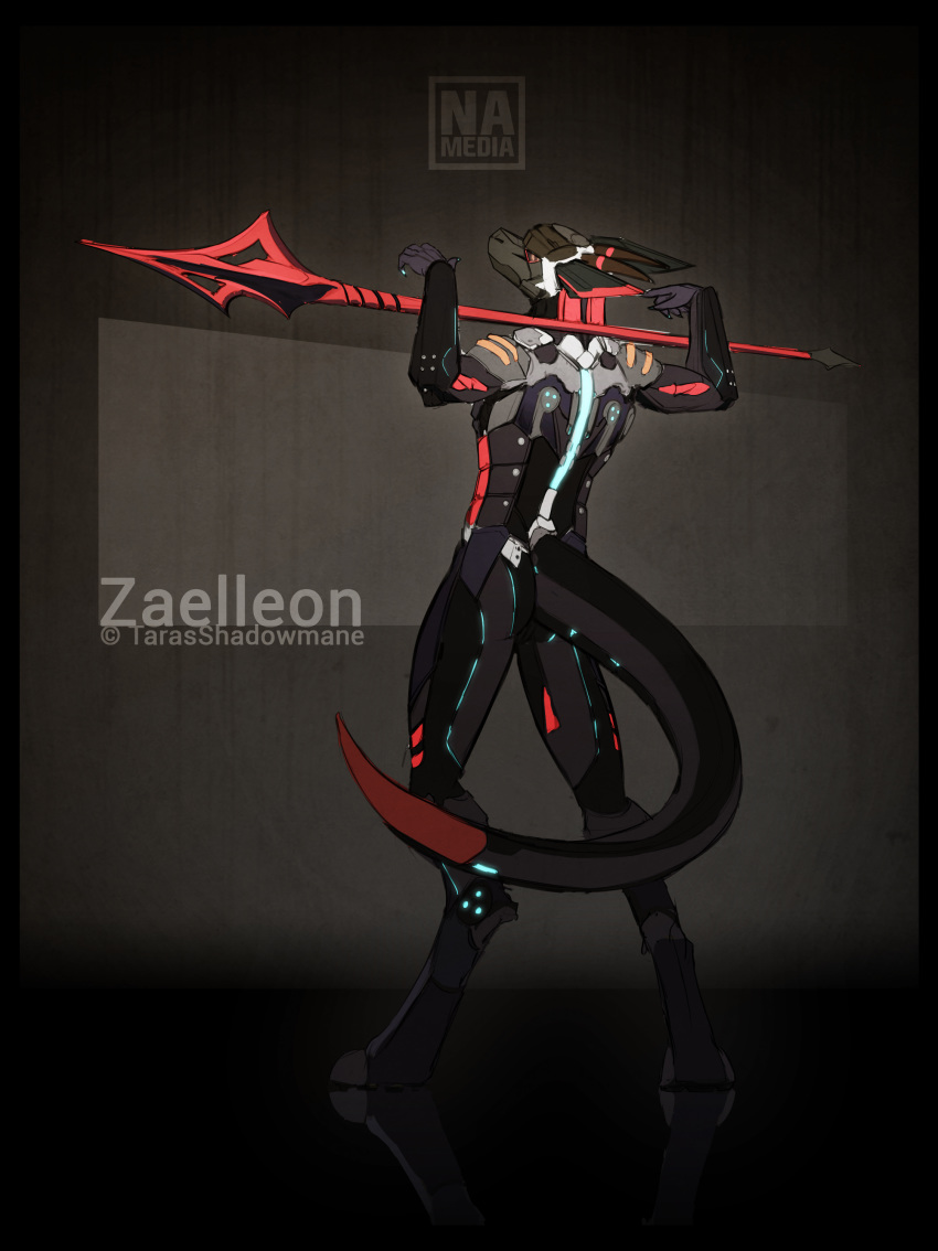 anthro avias_(artist) bodysuit clothed clothing cybernetics cyborg hi_res horn machine male melee_weapon polearm scalie skinsuit solo spear standing tight_clothing weapon