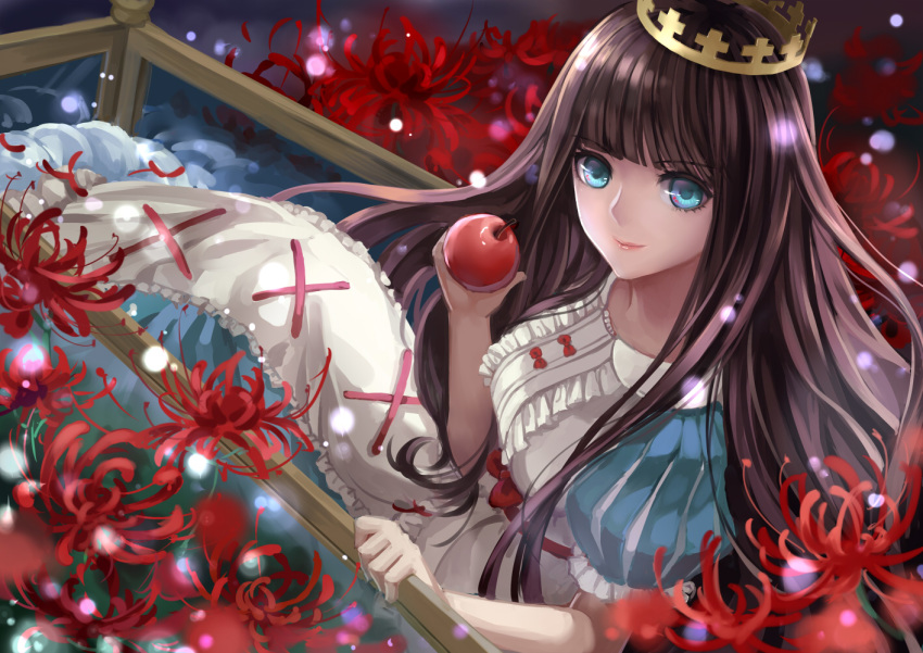 apple bangs black_hair blue_eyes blunt_bangs coffin crown dress flower food fruit long_dress long_hair looking_at_viewer marchen monogo red_flower red_lips schneewittchen smile solo sound_horizon spider_lily