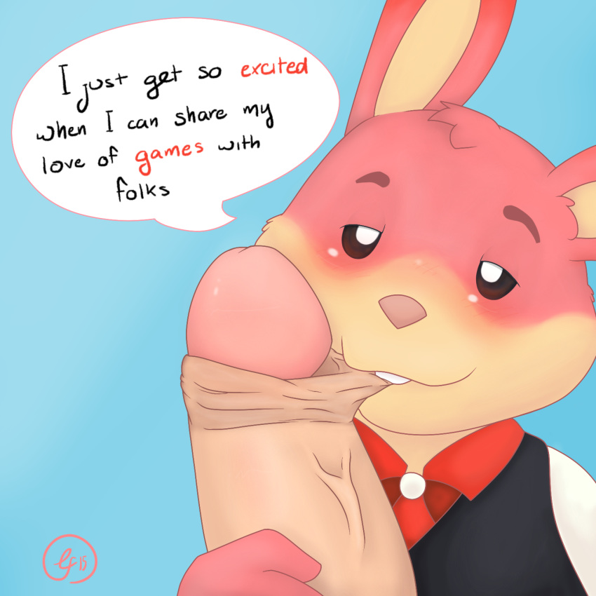 2015 anthro arcade_bunny big_dom_small_sub bite black_eyes blush clothed clothing dialogue duo english_text erection fellatio foreskin_bite foreskin_play fur hair hi_res human humanoid_penis interspecies lagomorph looking_at_viewer lunasfolly male male/male mammal necktie nintendo nintendo_badge_arcade oral paws penis pink_fur pink_hair rabbit retracted_foreskin sex size_difference solo_focus teasing teeth text thick_penis uncut vein video_games