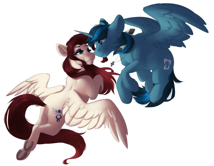 2018 alpha_channel blue_eyes blue_feathers blue_fur cutie_mark digital_media_(artwork) duo equine eyelashes fan_character feathers female feral fur horn male mammal my_little_pony pegaus silentwulv simple_background smile transparent_background white_feathers white_fur winged_unicorn wings