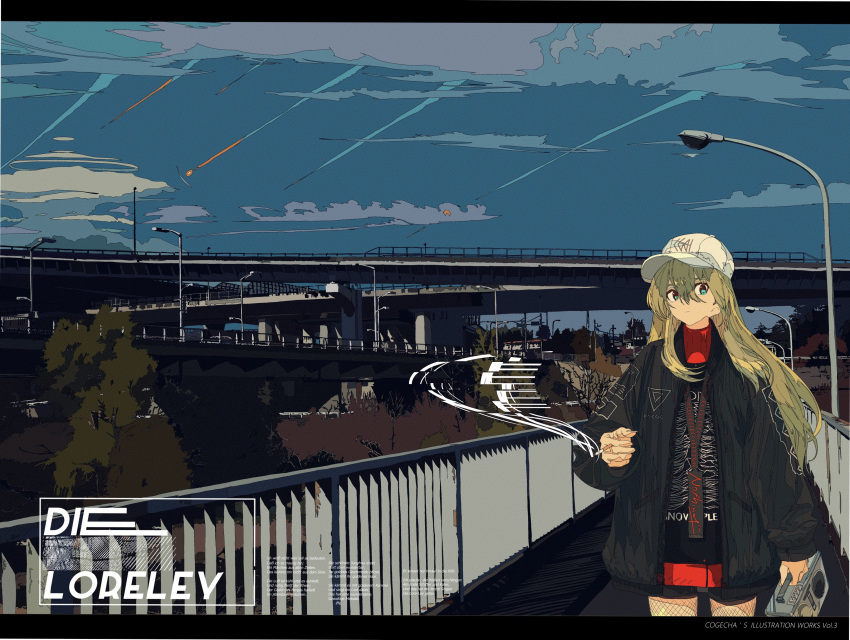 absurdres blonde_hair blue_eyes boombox cigarette fishnet_pantyhose fishnets hat highres jacket kogecha_(coge_ch) long_hair original pantyhose road shorts sky smoking solo street