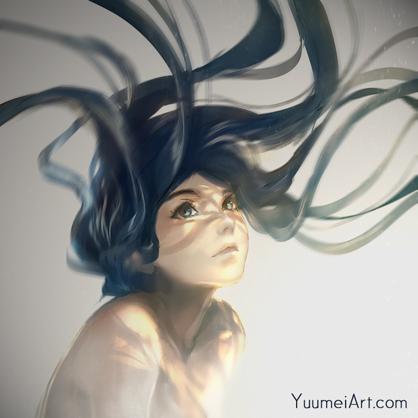 black_hair blue_eyes closed_mouth floating_hair gradient gradient_background highres lips long_hair looking_up motion_blur original solo speedpaint upper_body watermark web_address wenqing_yan