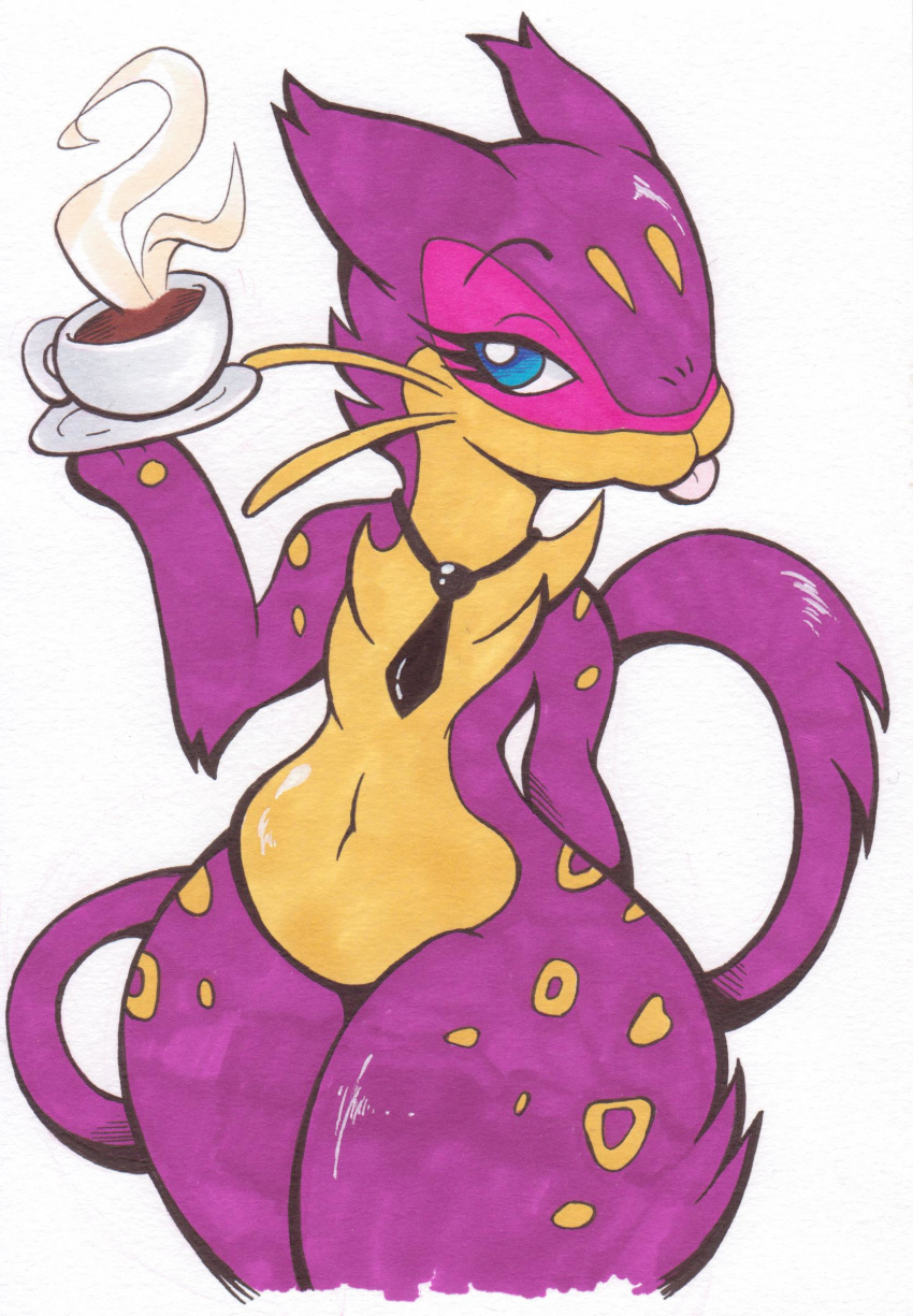 anthro beverage big_butt big_thighs blep blue_eyes butt cat coffee cup daria daria_(hotcoffeecat) fan_character feline female fur hotcoffeecat huge_butt liepard mammal necktie nintendo orange_fur pok&eacute;mon pok&eacute;mon_(species) solo thick_thighs tongue tongue_out traditional_media_(artwork) video_games voluptuous wide_hips