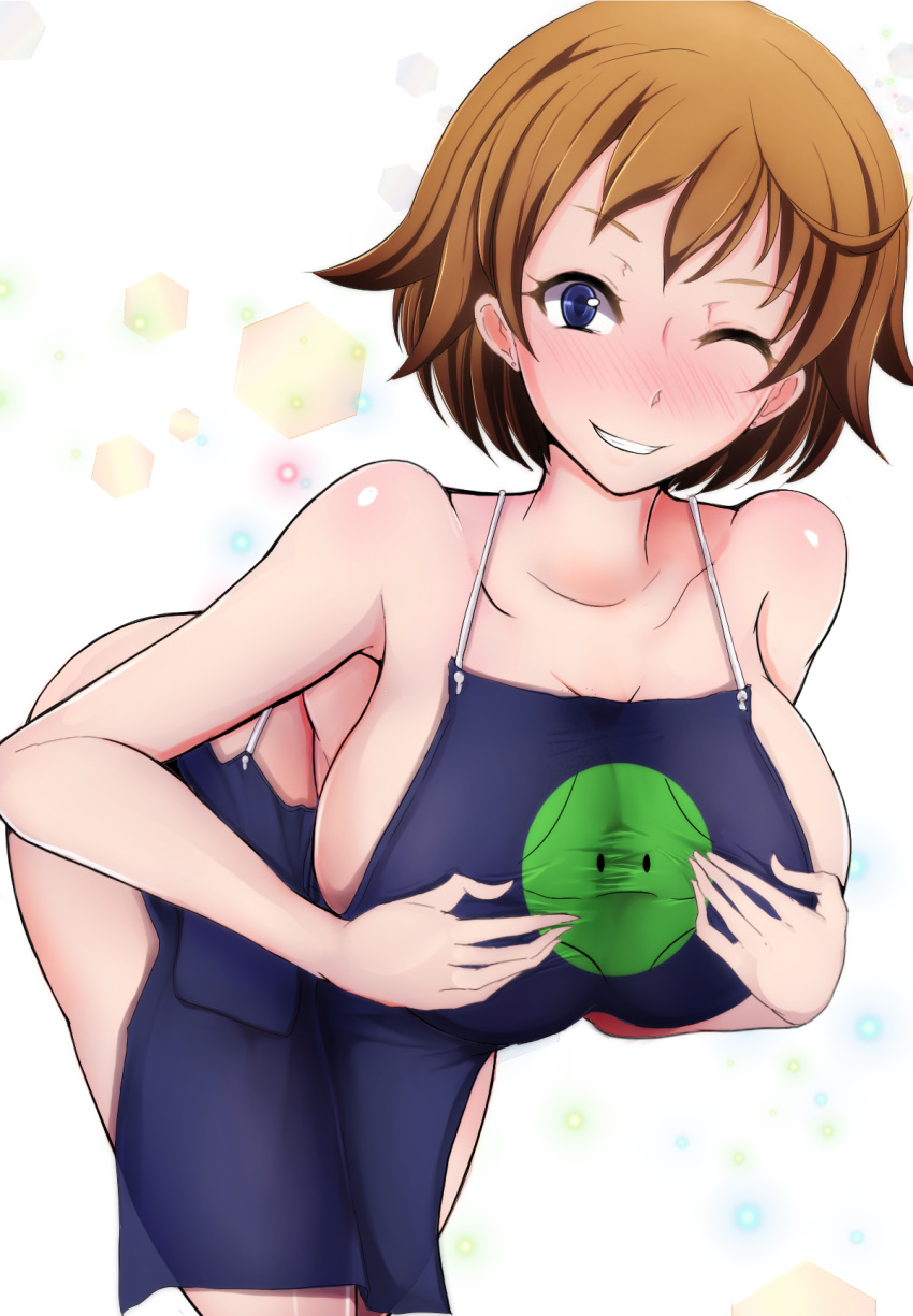 1girl apron bare_shoulders blue_eyes blush breasts brown_hair cleavage earrings gundam gundam_build_divers jewelry large_breasts looking_at_viewer naked_apron nanase_nanami_(gundam_build_divers) one_eye_closed shiny shiny_hair short_hair sideboob skindentation smile solo thighs wink winking