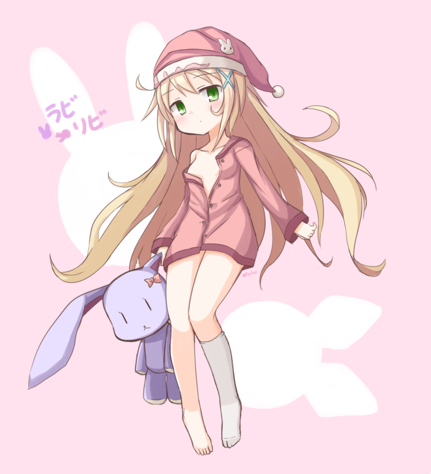 blonde_hair blush closed_mouth copyright_name floating_hair frr_(akf-hs) full_body green_eyes hair_ornament hat highres kneehighs long_hair long_sleeves miru_(rabi_ribi) nightcap no_bra no_pants off_shoulder pajamas partially_unbuttoned pink_background pink_pajamas rabi-ribi simple_background single_kneehigh solo stuffed_animal stuffed_bunny stuffed_toy twitter_username very_long_hair white_legwear x_hair_ornament