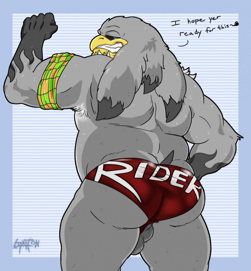2016 6pklion albatross anthro armband avian balls barazoku beak bedroom_eyes biceps bird black_sclera blue_eyes body_hair butt clothed clothing digital_media_(artwork) english_text feathers flexing hairy_balls half-closed_eyes looking_at_viewer looking_back male manly mostly_nude muscular muscular_male pose pubes rear_view seductive signature simple_background smile solo sonic_(series) sonic_riders speedo standing storm_the_albatross swimsuit teeth text thick_thighs topless video_games wardrobe_malfunction