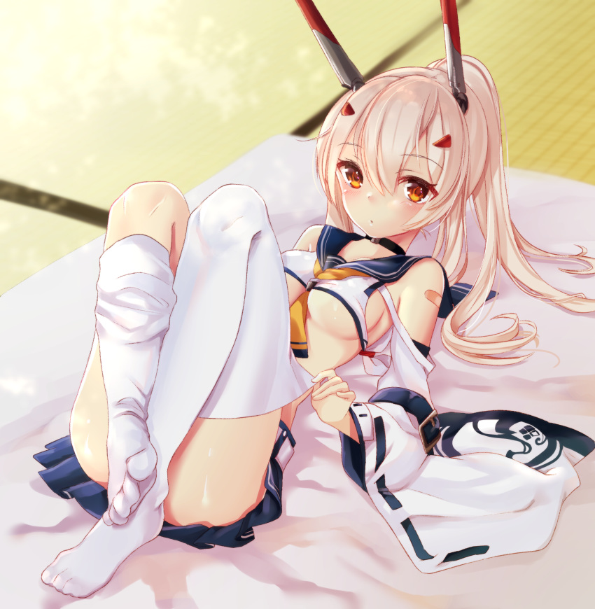 absurdres ayanami_(azur_lane) azur_lane bangs bare_shoulders between_breasts black_choker blue_sailor_collar blue_skirt blush breasts brown_eyes choker closed_mouth commentary_request convenient_leg detached_sleeves eyebrows_visible_through_hair feet hair_between_eyes hair_ornament headgear highres light_brown_hair long_hair long_sleeves looking_at_viewer lying medium_breasts neckerchief nekomiya_noru_(yuduki710) no_bra no_shoes on_back orange_neckwear pleated_skirt ponytail sailor_collar school_uniform serafuku shirt sidelocks skirt sleeveless sleeveless_shirt solo thighhighs thighhighs_pull underboob white_legwear white_shirt wide_sleeves