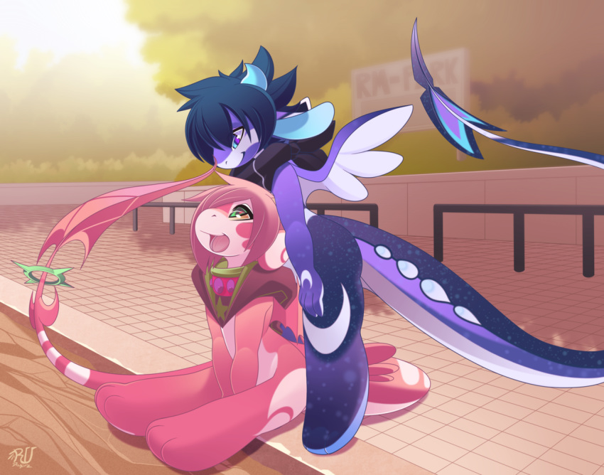 anthro blue_eyes blue_hair day detailed_background dragon female hair horn male outside phation pink_hair sky smile tongue