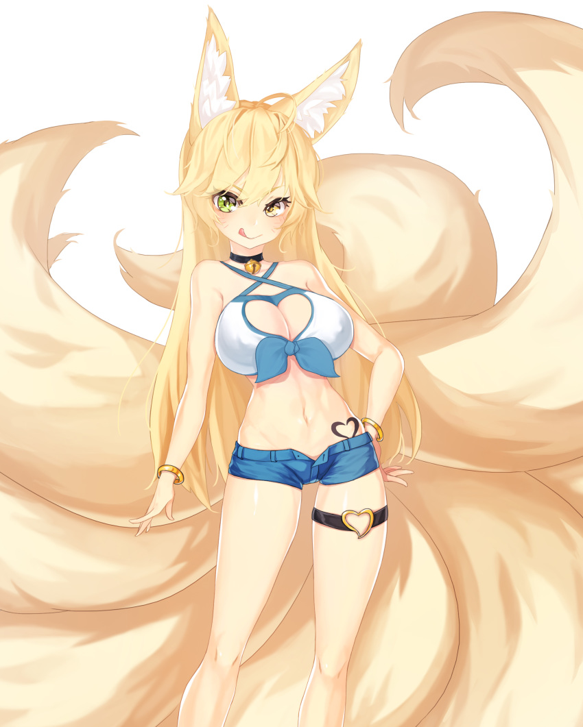 :q absurdres ahoge animal_ears bare_shoulders bell bell_choker black_choker blonde_hair bracelet breasts choker cleavage_cutout commentary_request commission fox_ears fox_tail green_eyes hair_between_eyes hand_on_hip heart_tattoo heterochromia highres jewelry jingle_bell jjickjjicke korean_commentary kyuubi large_breasts long_hair looking_at_viewer micro_shorts multiple_tails navel original shorts simple_background solo stomach tail tattoo thigh_strap tongue tongue_out unbuttoned v-shaped_eyebrows very_long_hair whisker_markings white_background yellow_eyes