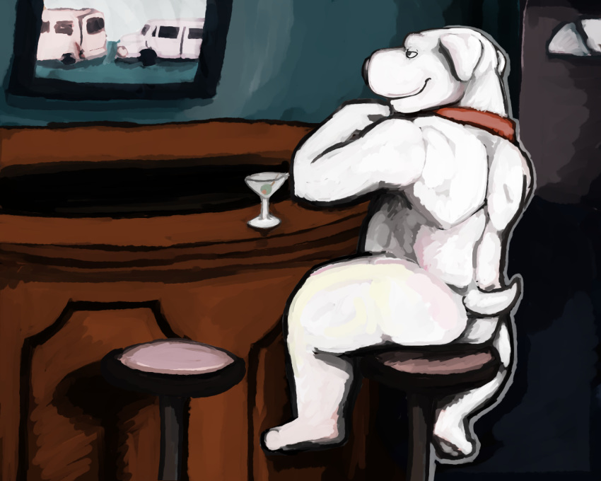 alcohol bar beverage brian_griffin butt canine cocktail collar dextriux dog door family_guy fur male mammal martini sitting slightly_chubby solo stool television white_fur
