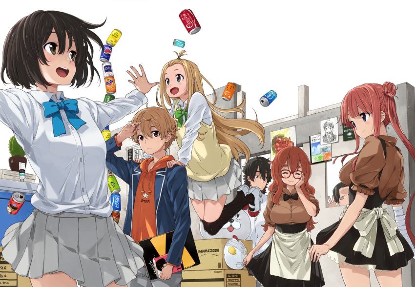 4girls :d against_wall apron back_bow black_legwear black_skirt blonde_hair blue_eyes blue_jacket blue_neckwear blush book bow bowtie breasts brown_eyes brown_hair buchou_(kono_bijutsubu_niwa_mondai_ga_aru!) cactus can closed_eyes coca-cola colette_(kono_bijutsubu_niwa_mondai_ga_aru!) collared_shirt double_bun facing_viewer fang forehead green_eyes green_neckwear grey_skirt hand_on_own_cheek high-waist_skirt hood hood_down hoodie imari_maria imigimuru indoors jacket jumping kneehighs kono_bijutsubu_niwa_mondai_ga_aru! large_breasts long_sleeves looking_at_another multiple_boys multiple_girls official_art open_clothes open_jacket open_mouth plant pleated_skirt potted_plant red-framed_eyewear red_hair school_uniform second_year_boy_(kono_bijutsubu_niwa_mondai_ga_aru!) shirt shoes short_hair skirt smile standing suspender_skirt suspenders tachibana_yumeko topknot twintails uchimaki_subaru usami_mizuki waist_apron white_shirt wing_collar