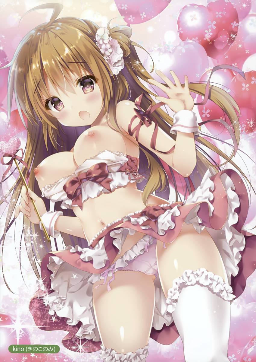 :o absurdres ahoge artist_name asymmetrical_legwear balloon bangs bare_shoulders blush bow bow_panties breasts brown_hair cameltoe crop_top eyebrows_visible_through_hair flower frilled_legwear frilled_panties frills hair_between_eyes hair_flower hair_ornament hands_up heart heart_balloon highres holding kino_(kino_konomi) large_breasts long_hair looking_at_viewer melonbooks nipples one_side_up open_mouth panties pink_panties pink_ribbon pink_skirt purple_eyes ribbon scan skirt skirt_lift solo thighhighs underwear very_long_hair white_flower white_legwear white_ribbon wrist_cuffs