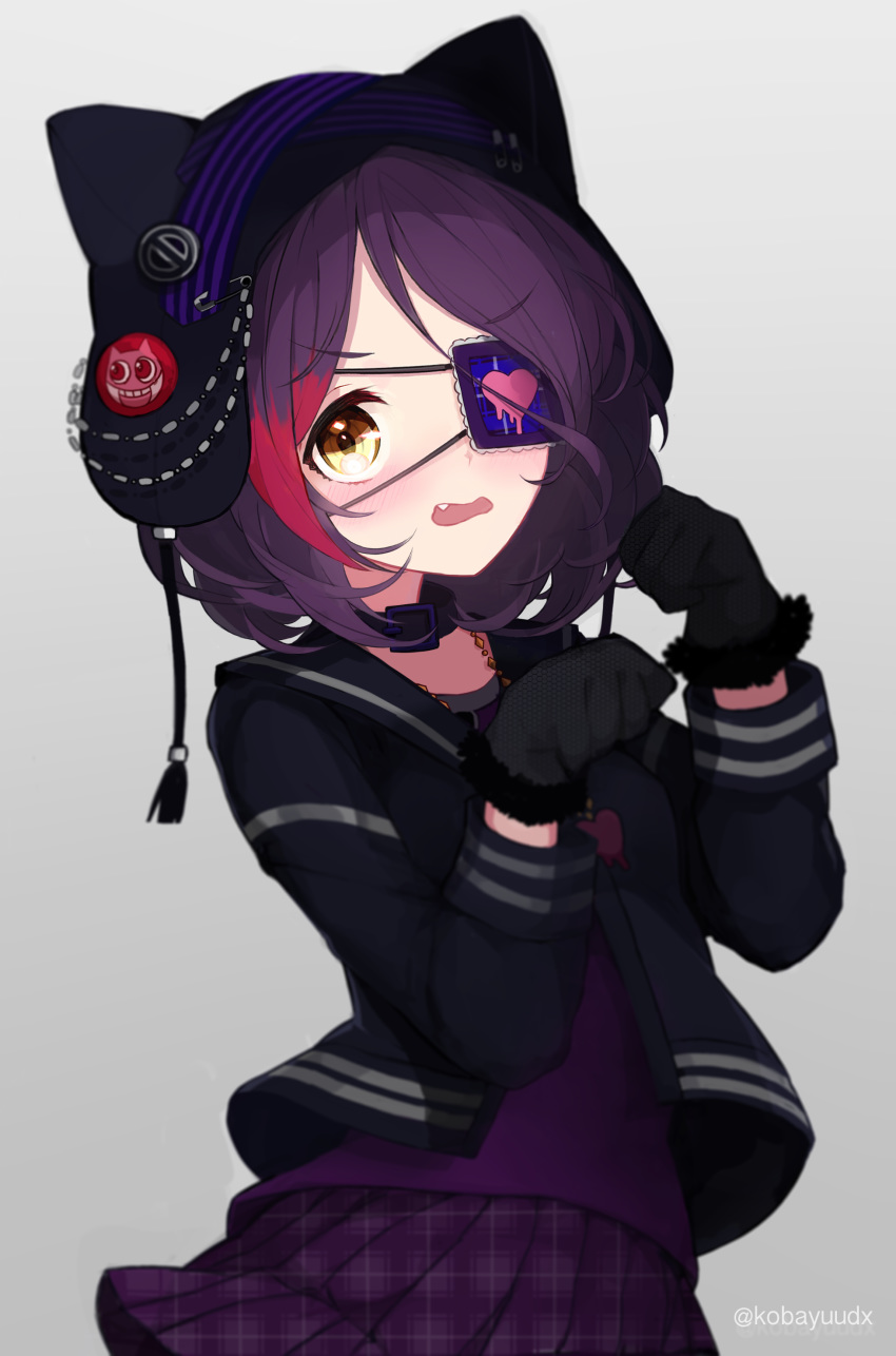 absurdres animal_hat badge black_gloves blush brown_eyes button_badge cat_hat collar commentary_request cowboy_shot eyebrows_visible_through_hair eyepatch fang gloves hat hayasaka_mirei heart heart_eyepatch heart_necklace highres idolmaster idolmaster_cinderella_girls idolmaster_cinderella_girls_starlight_stage jacket jewelry kobayuu looking_at_viewer multicolored_hair necklace open_clothes open_jacket open_mouth paperclip paw_pose purple_hair purple_shirt purple_skirt shirt short_hair simple_background skirt solo streaked_hair tassel twitter_username two-tone_hair wavy_mouth