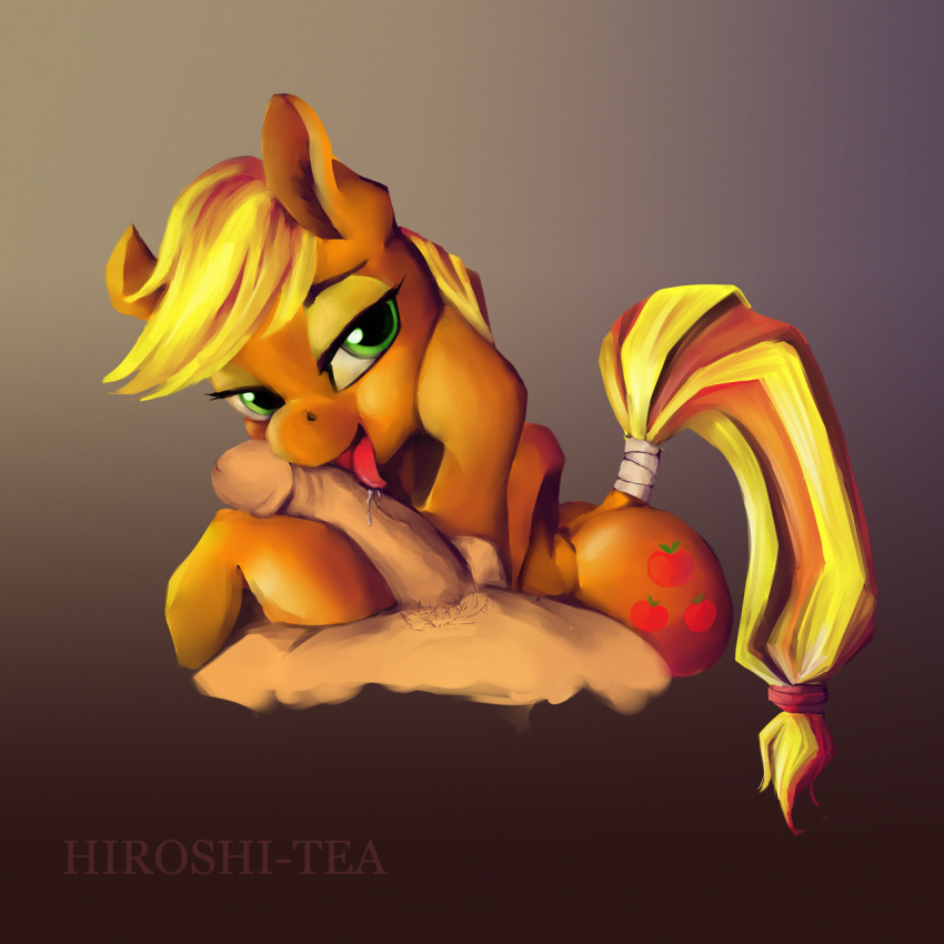 2013 apple applejack_(mlp) bestiality black_eyes black_hair blonde_hair cutie_mark duo earth_pony english_text equine erection eyelashes fellatio female feral food friendship_is_magic fruit fur green_eyes green_fur grey_background hair hi_res hiroshi-tea hooves horse human human_on_feral humanoid_penis interspecies licking looking_at_viewer male male/female male_on_feral mammal my_little_pony open_mouth oral orange_fur penis penis_lick pony pubes red_fur retracted_foreskin saliva sex short_hair simple_background tail_wraps text tongue tongue_out uncut wraps