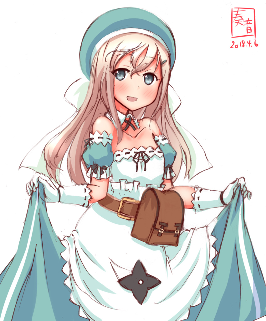 :d apron aqua_dress aqua_eyes aqua_hat artist_logo bag bare_shoulders beret blonde_hair commentary_request cosplay cowboy_shot crossover dated detached_collar dress gloves hair_ornament hairclip hat highres kanon_(kurogane_knights) kantai_collection kayano_ai lifted_by_self long_hair look-alike looking_at_viewer open_mouth revision ribbon-trimmed_clothes ribbon-trimmed_gloves ribbon_trim seiyuu_connection senran_kagura senran_kagura_shoujo-tachi_no_shin'ei simple_background skirt_hold smile solo trait_connection u-511_(kantai_collection) white_apron white_background white_gloves yomi_(senran_kagura)