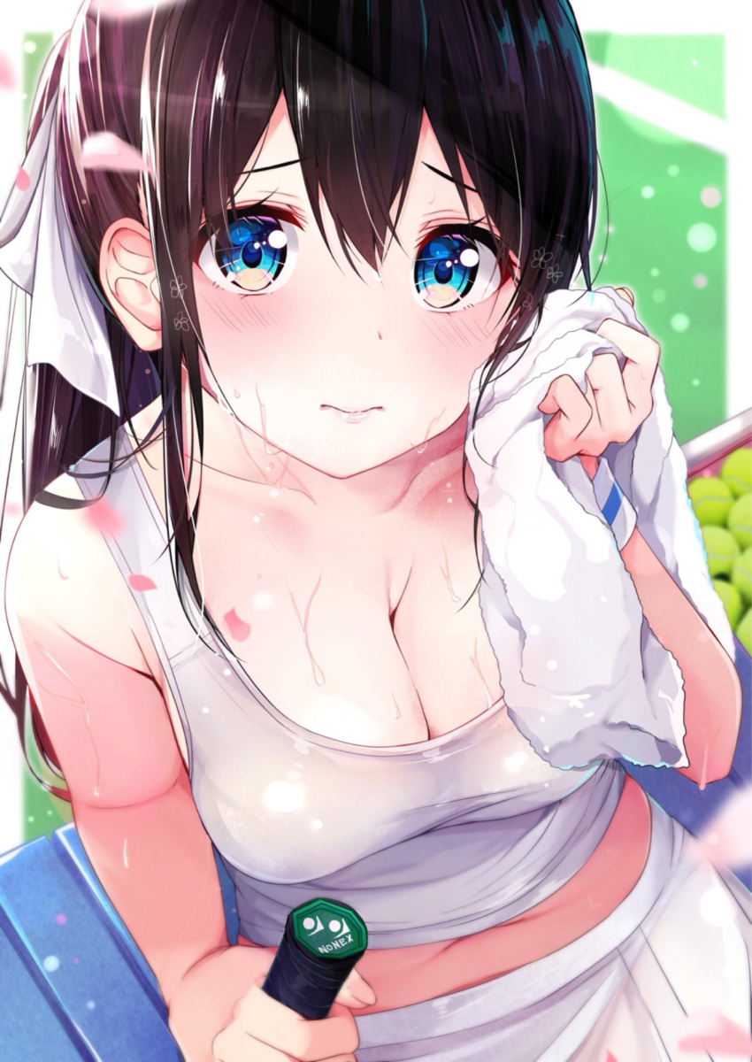3: ball bangs black_hair blue_eyes blurry blurry_background blush bow breasts cleavage closed_mouth collarbone commentary day depth_of_field drying dutch_angle embarrassed eyebrows_visible_through_hair hair_between_eyes hair_bow highres holding lens_flare light_frown lips long_hair looking_at_viewer medium_breasts navel original outdoors petals ponytail racket raised_eyebrows rouka_(akatyann) shiny shiny_hair shiny_skin sitting solo sportswear sweat tareme tennis tennis_ball tennis_racket tennis_uniform towel