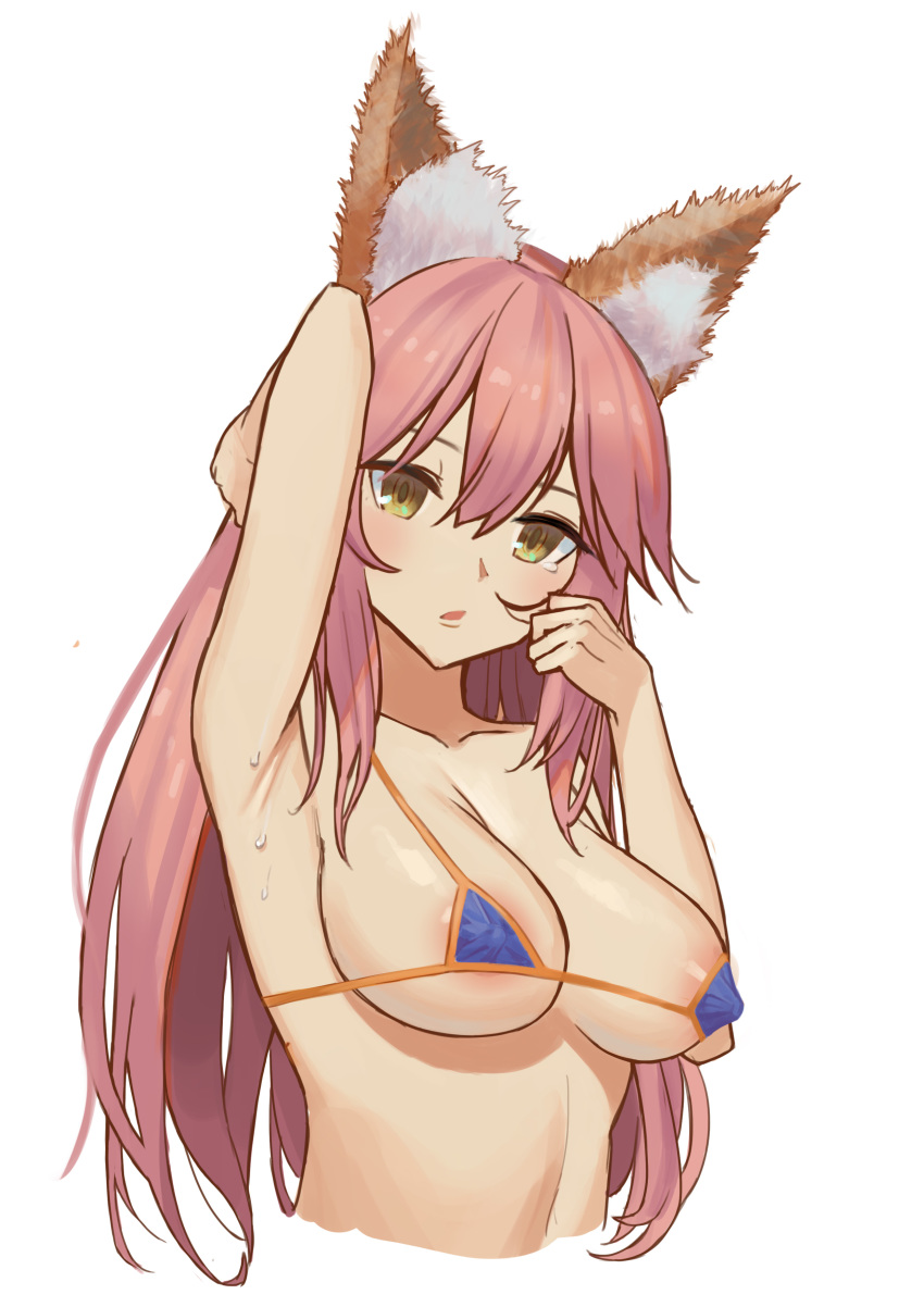 absurdres animal_ears areola_slip areolae arm_up armpits bikini breasts collarbone covered_nipples fate/grand_order fate_(series) fox_ears hair_between_eyes hand_on_own_head highres large_breasts long_hair looking_at_viewer micro_bikini parted_lips pink_hair simple_background solo sweat swimsuit tamamo_(fate)_(all) tamamo_no_mae_(fate) tamamo_no_mae_(swimsuit_lancer)_(fate) turi1230 upper_body white_background yellow_eyes