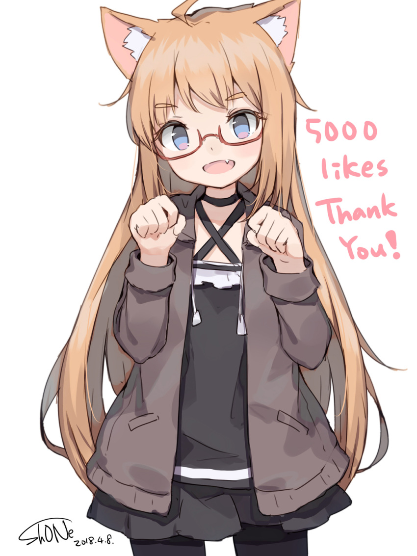 :d ahoge animal_ear_fluff animal_ears artist_name black_legwear black_skirt blue_eyes brown_hair cat_ears commentary dated drawstring english_commentary fang glasses highres jacket long_hair looking_at_viewer open_mouth original pantyhose paw_pose red-framed_eyewear semi-rimless_eyewear shone signature simple_background skirt smile solo thank_you under-rim_eyewear very_long_hair white_background