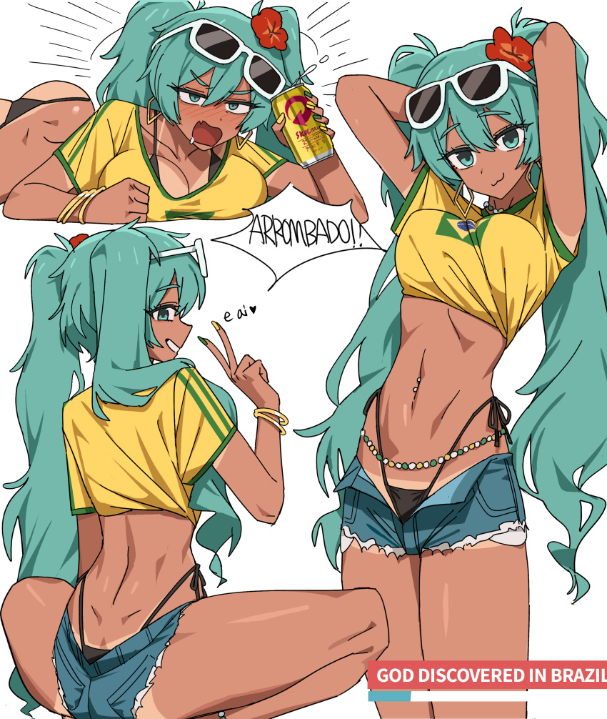 1girl :3 abstractpurple absurdres aqua_eyes aqua_hair arms_up artist_collaboration ass back bead_necklace beads bikini bikini_under_clothes black_bikini blush bracelet brazilian_flag brazilian_flag_print brazilian_miku breast_press breasts can channel_(caststation) collarbone commentary cropped_shirt cutoffs denim denim_shorts dimples_of_venus drink duplicate earrings english_commentary english_text eyewear_on_head fang flag_print flower from_behind green_nails green_trim hair_between_eyes hair_flower hair_ornament hatsune_miku heart highres holding holding_can jewelry large_breasts long_hair looking_at_viewer looking_back lying mixed-language_commentary multicolored_nails multiple_views nail_polish navel navel_piercing necklace on_stomach open_clothes open_fly open_mouth open_shorts piercing pixel-perfect_duplicate portuguese_text profile rectangular_earrings red_flower saliva shirt short_shorts short_sleeves shorts side-tie_bikini_bottom simple_background skin_fang skol smile speech_bubble squatting standing sunglasses swimsuit tan tanline_peek tanlines torn_clothes torn_shorts translated twintails v vocaloid white_background yellow_nails yellow_shirt