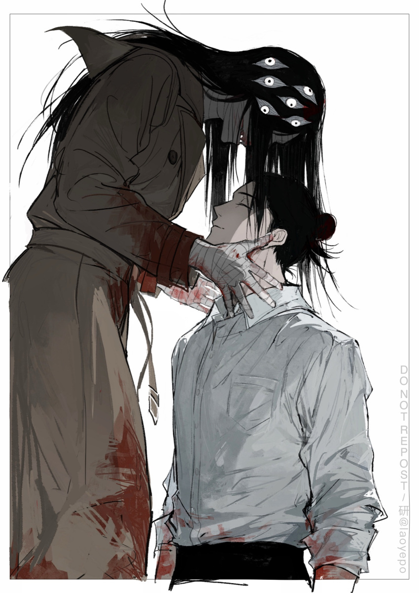 1boy 1girl bandaged_hand bandages belt black_hair blood blood_on_clothes blood_on_hands brown_coat closed_eyes coat covered_face cowboy_shot cursed_spirit_(jujutsu_kaisen) dress_shirt extra_eyes feet_out_of_frame from_side getou_suguru hair_bun hand_on_another's_cheek hand_on_another's_face hand_on_another's_neck height_difference highres horror_(theme) jujutsu_kaisen kuchisake-onna laoyepo light_smile long_hair looking_down sharp_teeth shirt shirt_tucked_in simple_background sleeves_rolled_up tall_female teeth trench_coat white_background white_eyes white_shirt