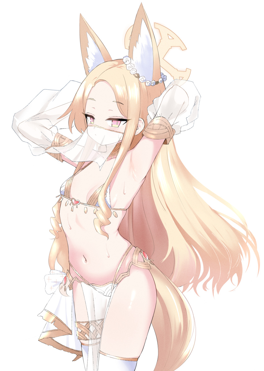 1girl absurdres alternate_costume animal_ears armpits arms_up blonde_hair blue_archive bra breasts commentary cowboy_shot dancer detached_sleeves ear_wreath extra_ears flower_wreath fox_ears fox_girl fox_tail highres ler230 long_hair looking_at_viewer mouth_veil navel panties pink_eyes see-through_clothes see-through_sleeves seia_(blue_archive) sidelocks small_breasts solo stomach sweat tail thighhighs underwear veil white_bra white_panties white_thighhighs