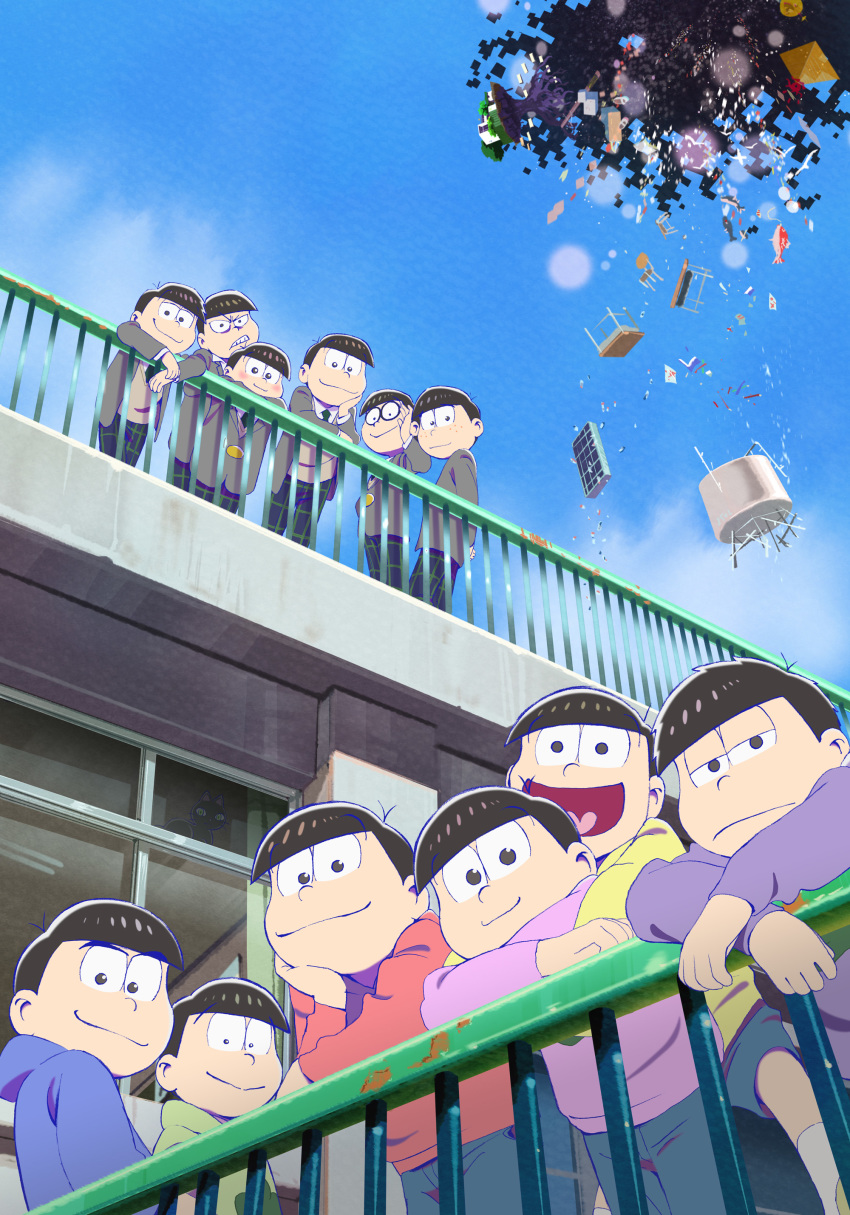 6+boys absurdres adjusting_eyewear angry black_hair blazer brothers chin_rest desk dual_persona glasses highres hug hug_from_behind jacket key_visual looking_at_viewer male_focus matsuno_choromatsu matsuno_ichimatsu matsuno_juushimatsu matsuno_karamatsu matsuno_osomatsu matsuno_todomatsu multiple_boys official_art osomatsu-san osomatsu-san_the_movie pants plaid plaid_pants pyramid rooftop round_eyewear school_uniform sextuplets siblings smile tree wormhole