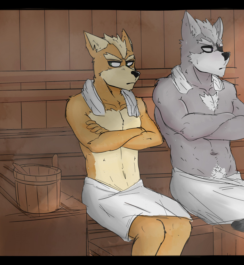 anthro canine clothed clothing crossed_arms duo fox fox_mccloud half_naked khoryall male male/male mammal muscular muscular_male nintendo sauna size_difference star_fox sweat topless towel video_games wolf wolf_o'donnell