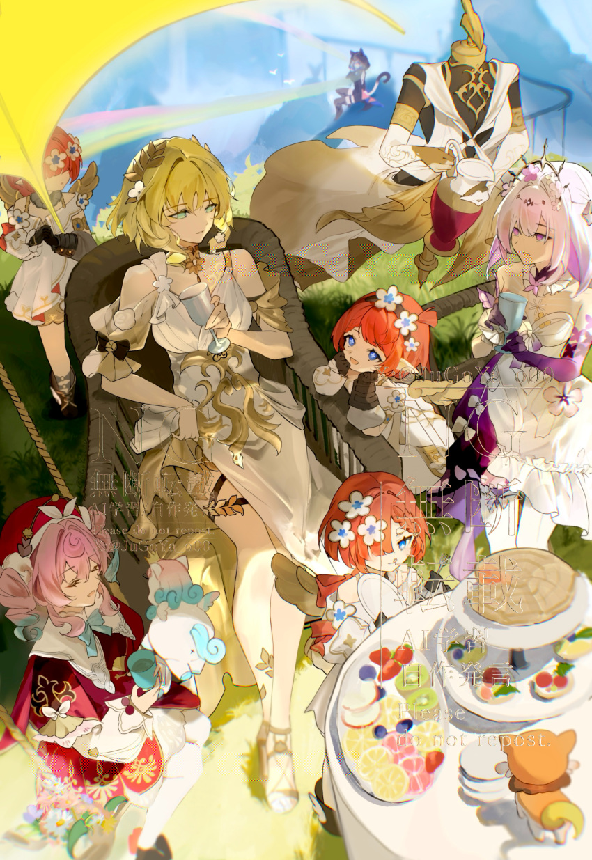 6+girls absurdres aglaea_(honkai:_star_rail) ancient_greek_clothes angel_wings animal_ears aqua_hair blue_eyes breast_tattoo castorice_(honkai:_star_rail) cat_ears cat_girl cat_tail chair chimera_(honkai:_star_rail) chrysos_heirs_(honkai:_star_rail) cipher_(honkai:_star_rail) commentary_request cross-shaped_pupils cup dress drill_hair flower food garmentmaker_(honkai:_star_rail) gold_tattoo greco-roman_clothes green_eyes hair_flower hair_ornament hat head_wreath highres holding holding_cup honkai:_star_rail honkai_(series) hyacine_(honkai:_star_rail) laurel_crown little_ica_(honkai:_star_rail) long_hair mannequin multicolored_hair multiple_girls on_chair pegasus pink_hair pointy_ears purple_eyes purple_hair red_dress red_hair red_hat short_hair sitting stella_(105_yoru) symbol-shaped_pupils table tail tattoo trianne_(honkai:_star_rail) tribbie_(honkai:_star_rail) trinnon_(honkai:_star_rail) twin_drills twintails two-tone_hair watermark white_dress wings
