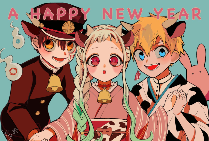1girl 2boys animal_ears animal_print aqua_background bell belt belt_buckle belt_collar black_jacket blonde_hair blue_eyes blush bow boy_sandwich brown_hair brown_hat brown_horns buckle buttons chinese_zodiac collar collared_jacket collared_shirt commentary_request cow_ears cow_horns cow_print cowboy_shot dot_nose earrings english_text fake_animal_ears fake_horns fangs forehead gakuran gradient_hair green_hair hair_between_eyes hair_over_shoulder hair_tie hanako_(jibaku_shounen_hanako-kun) happy_new_year hat hetero high_collar highres hitodama holding_hands horns interlocked_fingers jacket japanese_clothes jewelry jibaku_shounen_hanako-kun kimono kohane_suzukasa lace-trimmed_kimono lace_trim long_sidelocks long_sleeves minamoto_kou multicolored_hair multiple_boys neck_bell obi open_mouth pale_skin peaked_cap pink_bow pink_eyes pink_kimono pink_pupils rabbit red_belt sandwiched sash school_uniform shirt sidelocks signature simple_background single_earring small_horns smile striped_sleeves tareme teeth two-tone_hair upper_body upper_teeth_only waist_bow white_kimono white_shirt wide_sleeves yashiro_nene year_of_the_ox yellow_eyes yukata