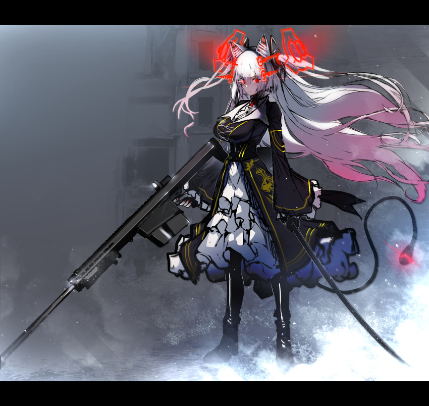 al_bhed_eyes animal_ears anti-materiel_rifle bangs barrett_m82 black_dress black_footwear black_legwear boots cat_ears closed_mouth commentary_request dress eyebrows_visible_through_hair floating_hair gradient_hair gun hair_between_eyes highres holding holding_gun holding_sword holding_weapon katana light_frown long_hair long_sleeves looking_at_viewer multicolored_hair nishiide_kengorou nora_cat nora_cat_channel pink_hair red_eyes rifle silver_hair sketch sniper_rifle solo standing sword tail thigh_boots thighhighs very_long_hair virtual_youtuber weapon wide_sleeves