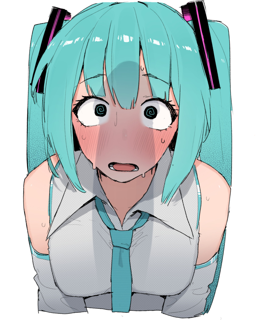1girl @_@ adapted_costume aqua_hair bare_shoulders blue_hair blue_necktie blush breasts collared_shirt detached_sleeves from_above hatsune_miku highres long_hair looking_at_penis looking_at_viewer looking_up necktie ohasi open_mouth penis_awe penis_shadow shirt sleeveless sleeveless_shirt solo surprised sweat twintails very_long_hair vocaloid wide-eyed