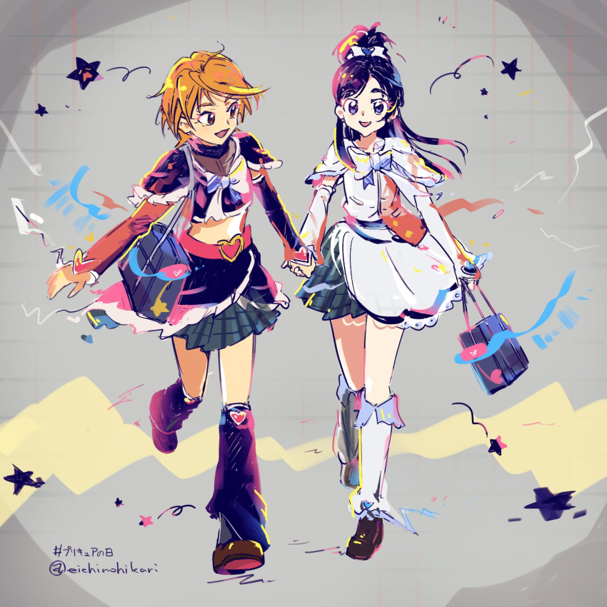 2girls aoizumi_(eichinohikari) arm_warmers bag bag_charm belt belt_buckle black_arm_warmers black_leg_warmers black_shirt black_skirt blazer blue_bag bow bowtie brown_hair brown_shoes buckle charm_(object) cropped_shirt cure_black cure_white dress earrings frilled_arm_warmers frilled_skirt frilled_sleeves frills full_body futari_wa_precure grey_background grey_skirt grid_background hair_bow hair_ornament happy heart heart-shaped_buckle heart_earrings heart_hair_ornament high_ponytail highres holding holding_bag holding_hands jacket jewelry lace-trimmed_dress lace_trim layered_skirt layered_sleeves leg_warmers long_sleeves looking_at_another magical_girl medium_hair midriff misumi_nagisa multiple_girls notice_lines pink_belt plaid_clothes plaid_skirt pleated_skirt ponytail precure purple_hair red_jacket school_bag school_uniform shirt shoes short_dress short_ponytail short_sleeves single_arm_warmer skirt split_ponytail star_(symbol) swept_bangs transformation turtleneck turtleneck_shirt twitter_username uwabaki verone_gakuin_school_uniform walking white_arm_warmers white_bow white_bowtie white_dress white_leg_warmers yukishiro_honoka