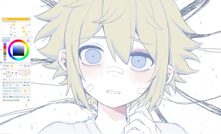 1boy androgynous art_program_in_frame bags_under_eyes basil_(faraway)_(omori) basil_(omori) blonde_hair blue_eyes clenched_teeth double-parted_bangs hair_between_eyes hand_up head_tilt looking_at_viewer male_focus medium_request my_loleeta official_alternate_costume omori pale_skin portrait scene_reference shirt short_hair sidelocks simple_background solo something_(omori) spoilers straight-on teeth uneven_eyes white_background white_shirt wide-eyed