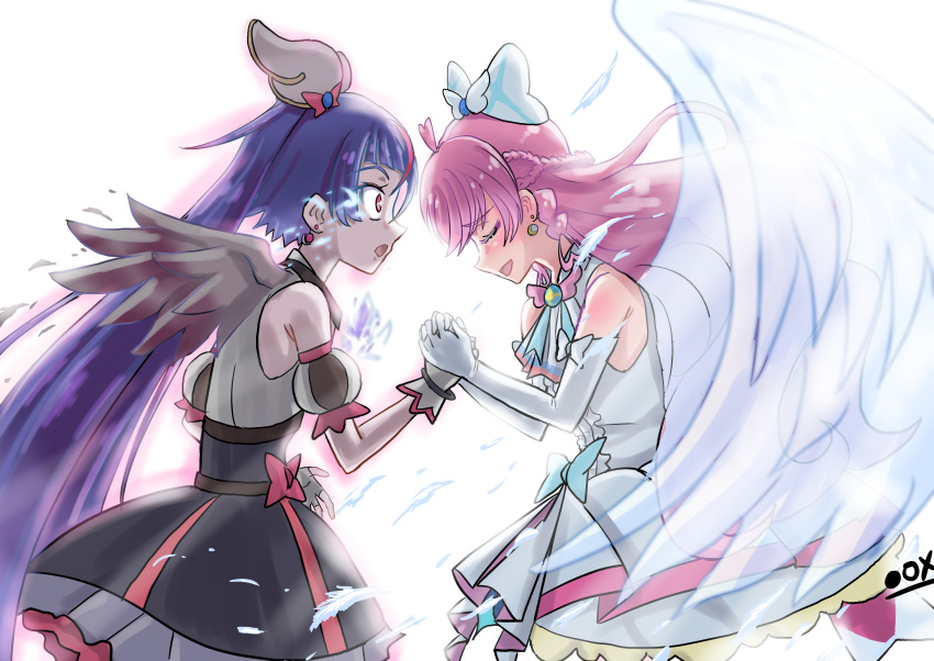 2girls ahoge angel_wings anime_coloring arm_bow bare_shoulders bird_wings black_ox_(0-max) black_ribbon black_skirt black_sleeves blue_bow blue_hair blue_ribbon blush bow bow_skirt bracelet braid brooch center_frills closed_eyes cowboy_shot cure_prism cure_sky cure_sky_(dark) dark_persona detached_sleeves dress dress_bow earrings elbow_gloves face-to-face feathered_wings feathers flaming_eye frilled_skirt frilled_sleeves frills from_side gloves grey_gloves grey_shirt grey_sleeves grey_wings hair_bobbles hair_bow hair_ornament half_up_half_down_braid heart heart_ahoge high-waist_skirt highres hirogaru_sky!_precure holding_hands jewelry lace-trimmed_skirt lace_trim long_hair looking_at_another miniskirt multicolored_hair multiple_braids multiple_girls neck_ribbon nijigaoka_mashiro open_mouth outline oversized_wings pale_skin petticoat pink_hair pink_outline plaid_bow pointy_nose precure puffy_short_sleeves puffy_sleeves red_eyes red_hair ribbon sad sad_smile shirt short_dress short_sleeves shoulder_blush signature simple_background skirt skirt_under_dress sleeveless sleeveless_dress sleeveless_shirt sora_harewataru sphere_earrings standing streaked_hair surprised two-tone_hair two-tone_sleeves very_long_hair white_background white_bow white_dress white_gloves white_skirt white_wings wide-eyed wing_hair_ornament wings yuri