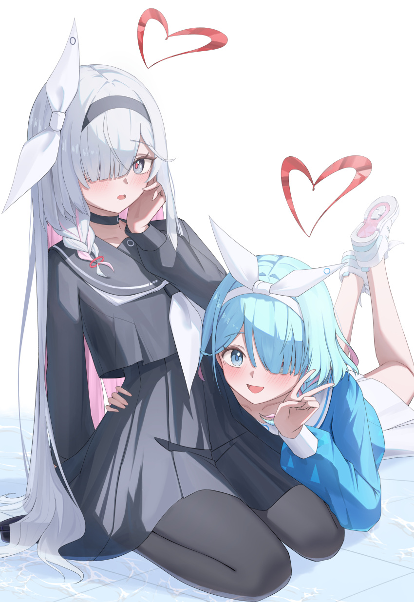 2girls :d absurdres arm_around_waist arm_behind_back arona_(blue_archive) black_hairband black_pantyhose black_sailor_collar black_serafuku black_shirt black_shoes black_skirt blue_archive blue_eyes blue_hair blue_shirt blunt_bangs blush bow braid colored_inner_hair commentary cropped_shirt dere_mono_j eyelashes feet_up full_body grey_eyes grey_hair hair_bow hair_over_one_eye hairband halo hand_on_own_cheek hand_on_own_face hand_up happy heart heart_halo high-waist_skirt highres hug long_bangs long_hair long_sleeves lying miniskirt mismatched_pupils multicolored_hair multiple_girls neckerchief on_stomach open_mouth pantyhose pink_hair plana_(blue_archive) pleated_skirt puffy_long_sleeves puffy_sleeves red_halo red_pupils sailor_collar school_uniform serafuku shirt shoe_soles shoes short_hair simple_background single_braid sitting skirt smile sneakers straight_hair tareme the_pose tile_floor tiles tsurime v very_long_hair wariza white_background white_bow white_hairband white_neckerchief white_sailor_collar white_shoes white_skirt