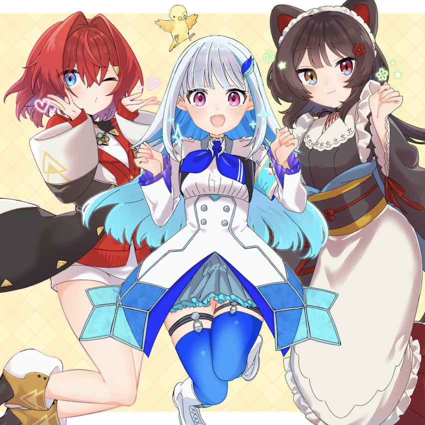 3girls :3 ange_katrina ange_katrina_(1st_costume) animal_ears apron armband ayuko_ammobium bird black_coat blue_armband blue_eyes blue_hair blue_neckerchief blue_skirt blue_thighhighs blush boots border breasts brown_hair brown_tail buttons cardigan closed_mouth coat collared_shrug colored_inner_hair commentary_request dog_ears dog_girl dog_tail dot_nose double-breasted dress floating_clothes floating_hair flower frilled_skirt frilled_sleeves frills grey_kimono grey_sash grid_background group_picture hair_between_eyes hair_flower hair_intakes hair_ornament hands_up heart heterochromia high-waist_skirt highres inui_toko inui_toko_(1st_costume) japanese_clothes kimono knees_together_feet_apart layered_skirt legwear_garter light_blush lize_helesta lize_helesta_(1st_costume) long_hair long_skirt long_sleeves looking_at_viewer maid maid_headdress medium_hair miniskirt monocle multicolored_hair multiple_girls neckerchief nijisanji obi obiage obijime one_eye_closed open_mouth outside_border pleated_skirt puckered_lips purple_eyes red_cardigan red_eyes red_hair red_skirt sanbaka_(nijisanji) sash sebastian_piyodore shirt shirt_tucked_in short_dress shrug_(clothing) sidelocks skirt sleeves_past_wrists small_breasts smile sparkle streaked_hair tail tail_under_clothes thighhighs two-tone_hair very_long_hair virtual_youtuber wa_maid waist_apron white_apron white_boots white_border white_dress white_hair white_headdress white_shirt white_shrug white_skirt yellow_background yellow_bird yellow_eyes zettai_ryouiki