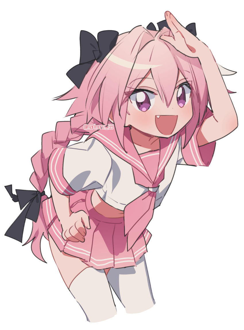 1boy astolfo_(fate) astolfo_(sailor_paladin)_(fate) black_bow black_ribbon blush bow braid commentary cropped_legs crossdressing fang fate/grand_order fate_(series) hair_between_eyes hair_bow hair_ribbon hand_on_own_hip highres koyashaka long_hair looking_at_viewer male_focus neckerchief open_mouth pink_eyes pink_hair pink_neckerchief pink_sailor_collar ribbon sailor_collar school_uniform serafuku simple_background single_braid solo symbol-only_commentary thighhighs trap twitter_username white_background white_thighhighs
