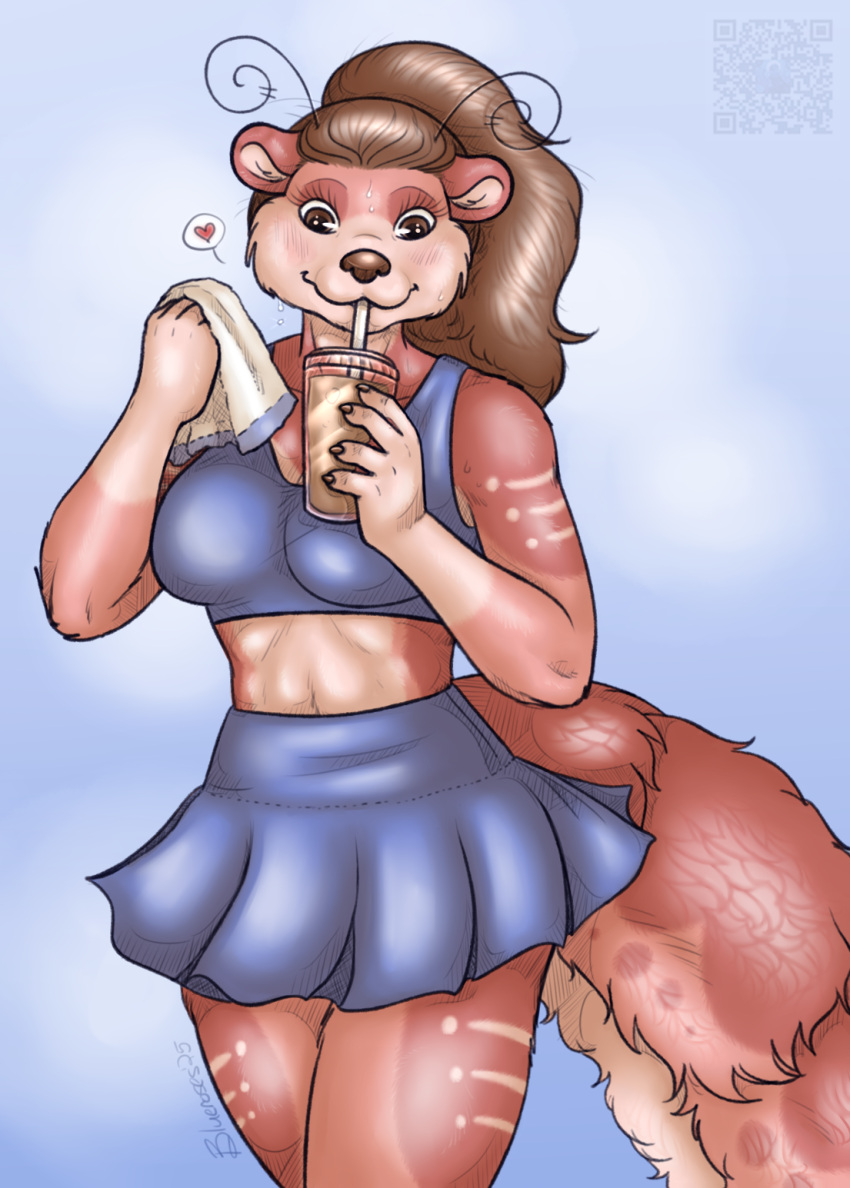 anthro arthropod blue_background blueroses bodily_fluids bottomwear bra brown_eyes brown_hair clothing container crustacean cup drinking_straw_in_mouth female fur hair heart_symbol hi_res hybrid mammal marine mustelid nadia_(tenpoundhammer) otter pink_body pink_fur shrimp simple_background skirt solo sports_bra sweat towel underwear