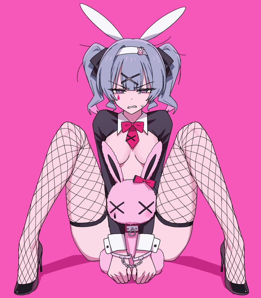 1girl absurdres animal_ears annoyed blue_eyes blue_hair bound bound_wrists breasts channel_(caststation) clenched_teeth commentary convenient_censoring cuffs fishnet_thighhighs fishnets full_body hair_ornament hairband hairclip handcuffs hatsune_miku high_heels highres knees_up looking_at_viewer medium_breasts necktie pink_background playboy_bunny rabbit_ears rabbit_hole_(vocaloid) reverse_bunnysuit reverse_outfit short_twintails shrug_(clothing) simple_background sitting solo spread_legs straight-on stuffed_animal stuffed_rabbit stuffed_toy sweatdrop teardrop_facial_mark teeth thighhighs tsundere twintails vocaloid x_hair_ornament