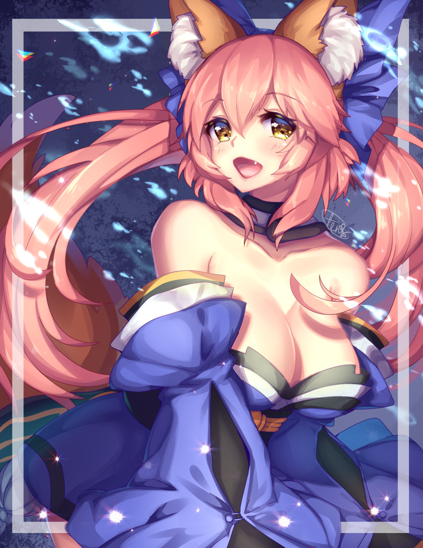 animal_ears bare_shoulders blush breasts brown_eyes caster_(fate/extra) dress fate/extra large_breasts long_hair pink_hair smile twintails