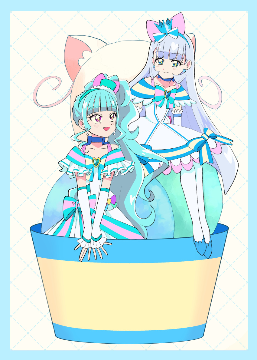 2girls :d absurdres animal_ear_hairband animal_ears aqua_bow aqua_hair aqua_hairband aqua_hat arched_bangs arm_support arm_warmers bare_shoulders blue_border blue_bow blue_choker blue_crown blue_eyes blue_hairband blue_shoes blunt_bangs blunt_ends blush border bow bow_hairband bowl bright_pupils brooch cat cat_ear_hairband cat_ears chest_bow choker collarbone commentary crown crown_earrings cure_lillian cure_nyammy dot_nose dress dress_bow earrings fake_animal_ears food frilled_arm_warmers frilled_dress frills grid_background hairband hat heart heart_brooch highres hinoki_(91011) ice_cream jewelry long_hair looking_at_another magical_girl medium_dress mini_crown mini_hat mini_top_hat multiple_girls nekoyashiki_mayu nekoyashiki_yuki off-shoulder_dress off_shoulder open_mouth oversized_food oversized_object pact_holder pearl_earrings petticoat ponytail pouch precure purple_eyes shiny_cats_pact shoes side_ponytail sitting smile straight_hair striped_bow thighhighs tilted_headwear top_hat very_long_hair white_arm_warmers white_background white_bow white_dress white_fur white_hair white_thighhighs wonderful_precure! yellow_pupils