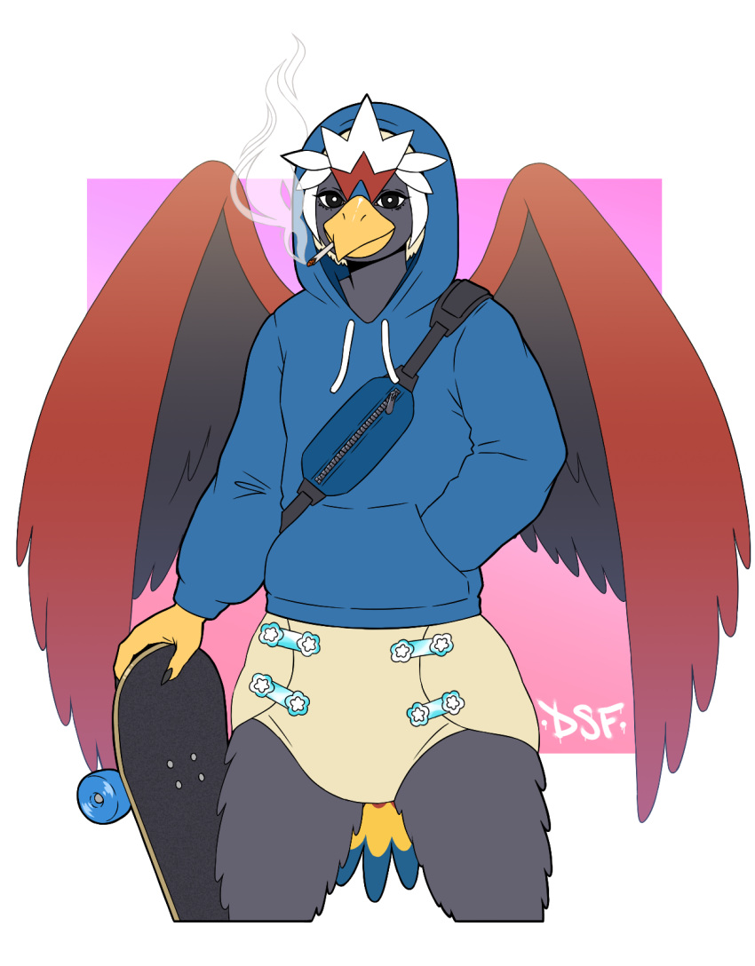 abstract_background accipitrid accipitriform anthro artist_logo avian back_wings bag beak bird black_claws black_eyeliner black_eyes black_finger_claws black_makeup black_straps black_talons blue_bag blue_cere blue_clothing blue_diaper_fastener blue_fastener blue_hoodie blue_tail blue_tail_feathers blue_tail_tip blue_topwear braviary cere_(anatomy) chest_bag cigarette cigarette_in_mouth cigarrete claws clean_diaper cloth_diaper clothed clothing darksidefighter diaper diaper_fastener diaper_fetish digital_drawing_(artwork) digital_media_(artwork) dipstick_tail drawstring drawstring_clothing drawstring_hoodie drawstring_topwear eagle eyelashes eyeliner fan_character fan_tail fastener feather_hair feather_tuft feathered_crest feathered_wings feathers finger_claws front_view generation_5_pokemon glistening glistening_beak glistening_eyes gradient_background grey_body grey_crotch grey_face grey_feathers grey_legs grey_wings hand_in_pocket head_crest hi_res holding_object holding_skateboard hood_up hoodie humanoid_hands laid_back lit_cigarette logo makeup male markings multicolored_body multicolored_feathers multicolored_tail multicolored_tail_feathers nado_soarian nintendo object_in_mouth pink_background pockets pokemon pokemon_(species) pokemorph portrait pseudo_hair purple_background red_body red_feathered_crest red_feathers red_tail red_tail_feathers red_wings simple_background skateboard smoke smoking smoking_cigarette solo tail tail_feathers tail_markings talon_hands tan_cloth_diaper tan_feather_hair three-quarter_portrait topwear tuft vehicle wearing_diaper white_background white_diaper_fastener white_drawstring white_fastener white_feathered_crest wings yellow_beak yellow_hands yellow_tail yellow_tail_feathers