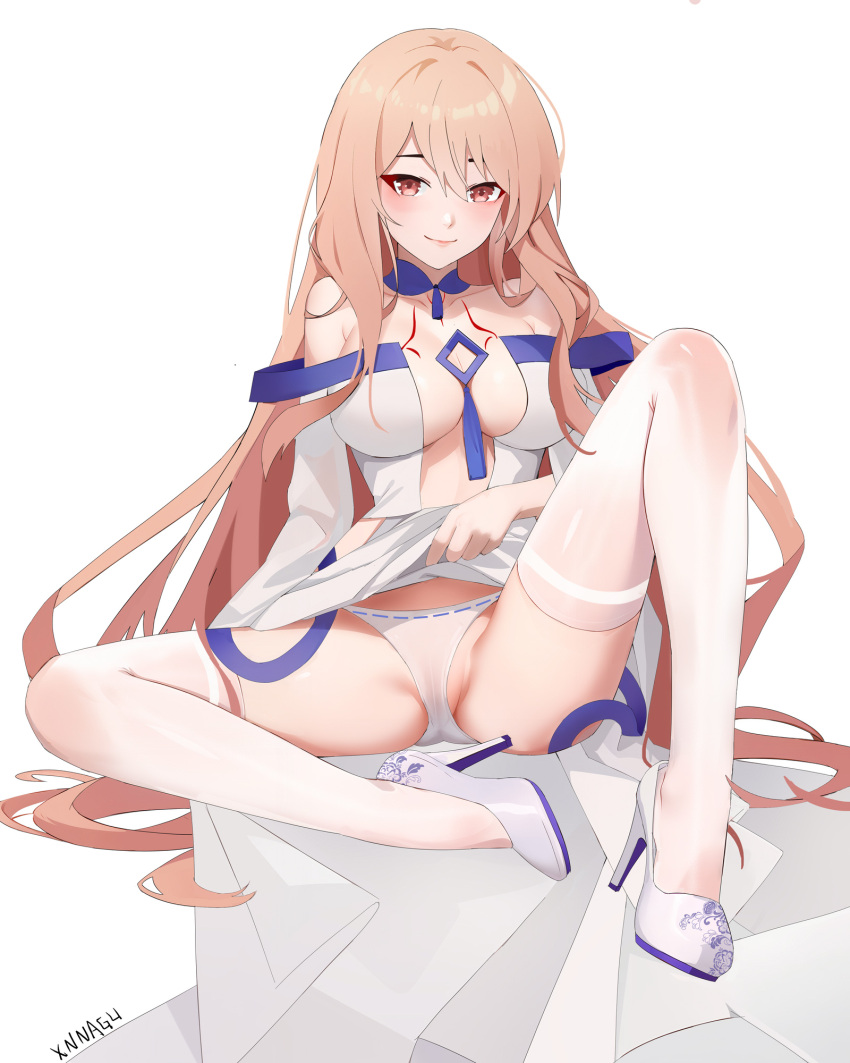 1girl artist_name bare_shoulders blonde_hair blush breasts chest_tattoo chinese_commentary cleavage clothes_lift commission copyright_request dress dress_lift full_body hair_between_eyes high_heels highres impossible_clothes impossible_dress long_hair looking_at_viewer medium_breasts off-shoulder_dress off_shoulder panties pixiv_commission red_eyes see-through_clothes see-through_panties signature simple_background sitting smile solo tattoo thighhighs underwear very_long_hair white_background white_panties white_thighhighs xnnagu