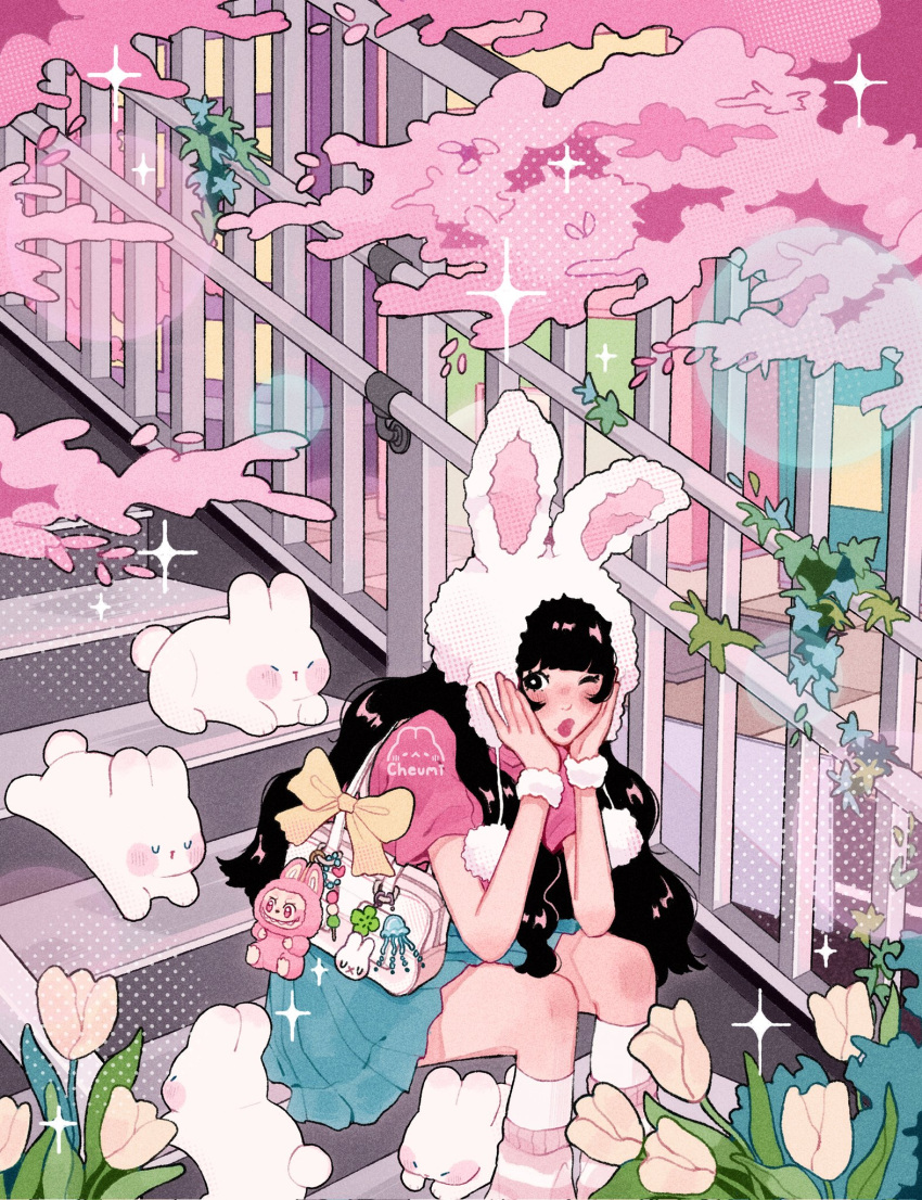 1girl animal animal_ears animal_hat artist_logo artist_name black_eyes black_hair blunt_bangs cherry_blossoms cheumi commentary english_commentary flower foliage hands_on_own_face hat highres labubu leg_warmers lips logo long_hair moss original outdoors pink_shirt plant pop_mart rabbit rabbit_ears rabbit_hat railing shirt short_sleeves sitting skirt solo sparkle stairs stuffed_toy trinkets tulip white_flower white_tulip