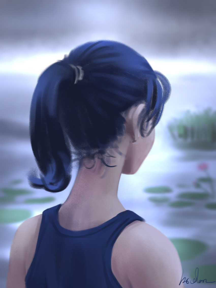 1girl black_tank_top blue_hair blue_shirt from_below gohpot hair_tie highres lily_pad shirt short_hair signature solo tank_top upper_body water