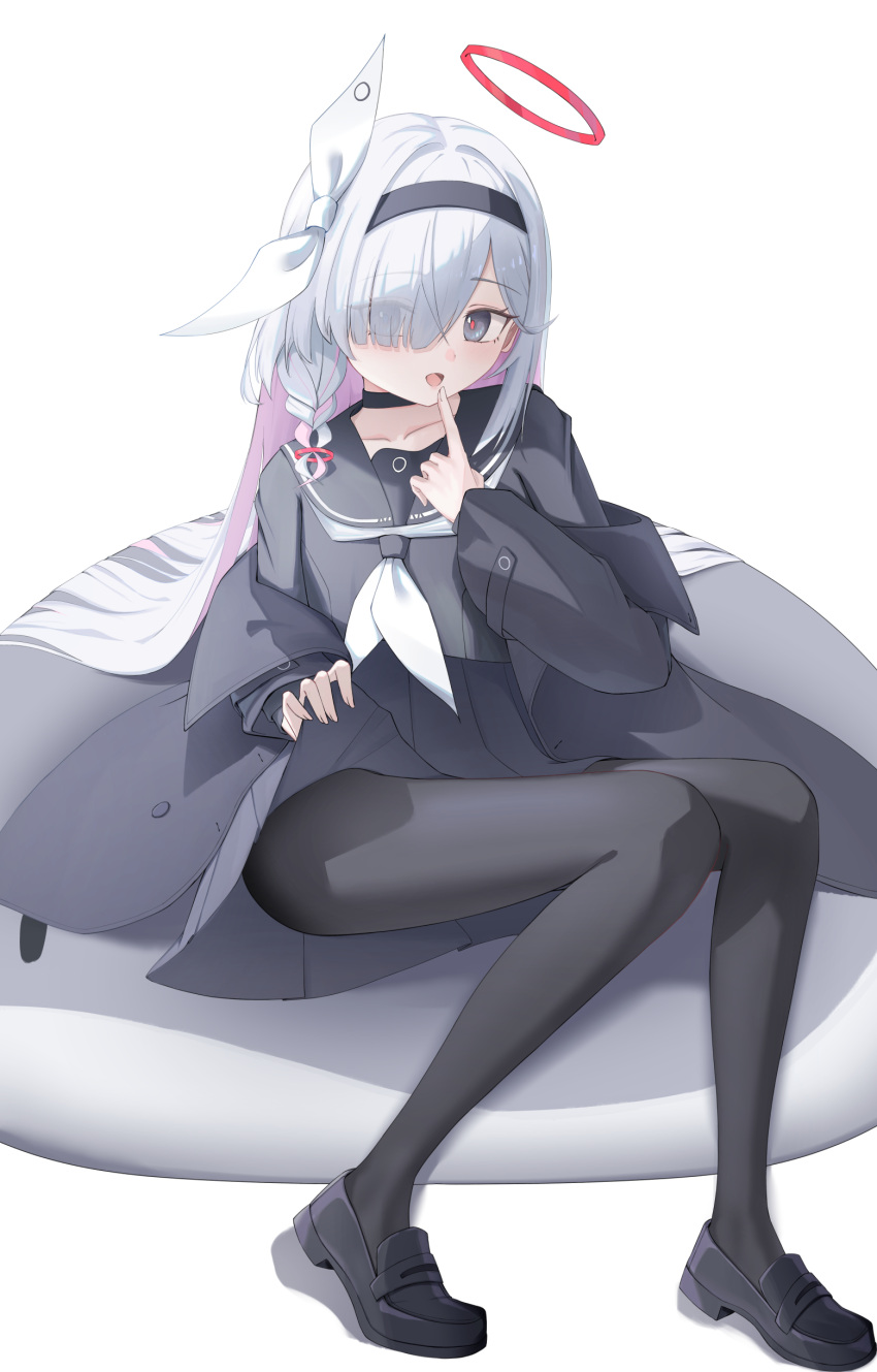 1girl :d absurdres black_coat black_hairband black_pantyhose black_sailor_collar black_serafuku black_shirt black_shoes black_skirt blue_archive blunt_bangs blush bow braid clothes_lift coat colored_inner_hair commentary dere_mono_j eyelashes eyes_visible_through_hair finger_to_mouth full_body grey_eyes hair_bow hair_over_one_eye hairband halo hand_up hands_up highres index_finger_raised knees_together_feet_apart lifting_own_clothes loafers long_bangs long_hair long_sleeves looking_at_viewer making-of_available mismatched_pupils multicolored_hair neckerchief open_clothes open_coat open_mouth pantyhose pink_hair plana_(blue_archive) pleated_skirt red_halo red_pupils sailor_collar school_uniform serafuku shirt shoes simple_background single_braid sitting skirt skirt_lift smile solo straight_hair tsurime very_long_hair white_background white_bow white_hair white_neckerchief wide_sleeves