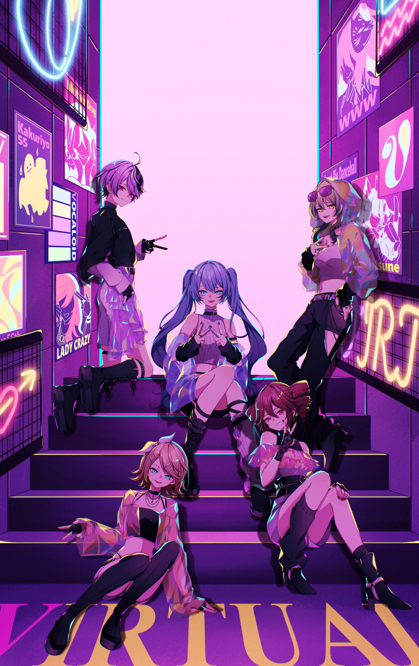 5girls absurdres ahoge aqua_eyes arm_warmers belt blonde_hair blue_eyes blue_hair boots chain choker crop_top drill_hair eyewear_on_head fingerless_gloves flower_(vocaloid) gloves green_eyes green_hair gumi hair_ornament hairband hairclip hatsune_miku high_heel_boots high_heels highres himehina_channel jewelry kagamine_rin kasane_teto kasane_teto_(sv) kneeling leg_warmers long_hair looking_at_viewer midriff multicolored_hair multiple_girls nail_polish navel necklace neon_lights pants purple_hair red_eyes red_hair ribbed_sweater ring short_hair short_shorts shorts sitting skirt sleeveless sleeveless_turtleneck smile stairs standing strapless streaked_hair sunglasses sweater synthesizer_v thighhighs translucent tube_top turtleneck twin_drills twintails v vocaloid yanagida_shiina
